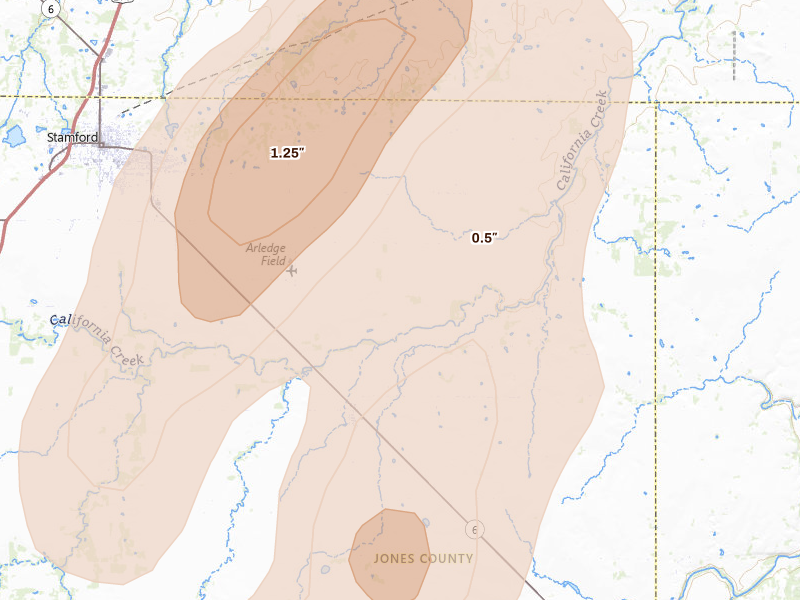 Radar-estimated hail-size map of the storm over Avoca, TX on Mar 10, 2026