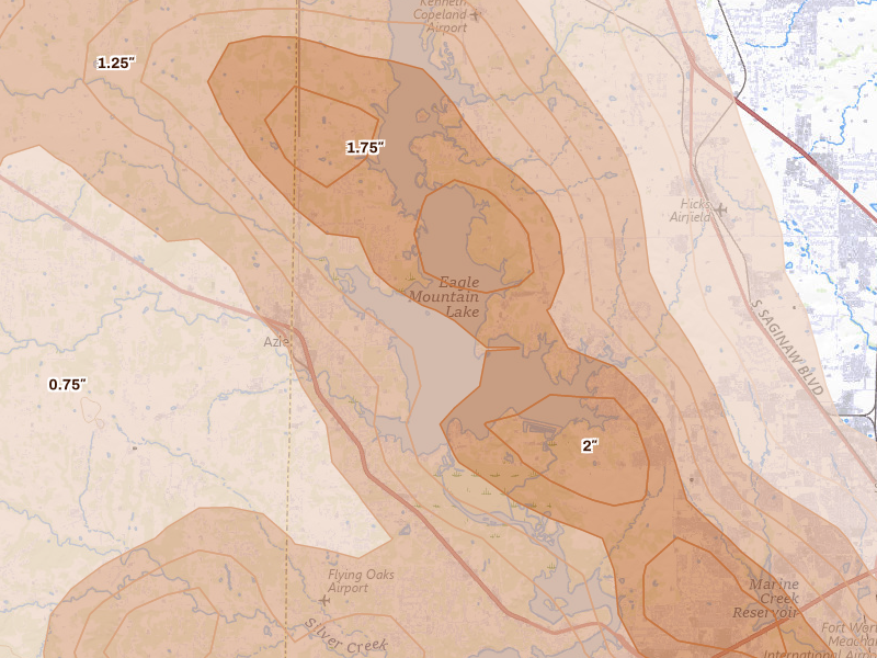 Radar-estimated hail-size map of the storm over Azle, TX on Apr 25, 2026