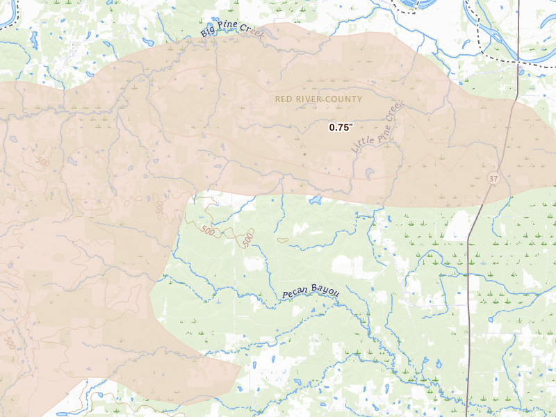 Radar-estimated hail-size map of the storm over Bagwell, TX on Jun 23, 2026