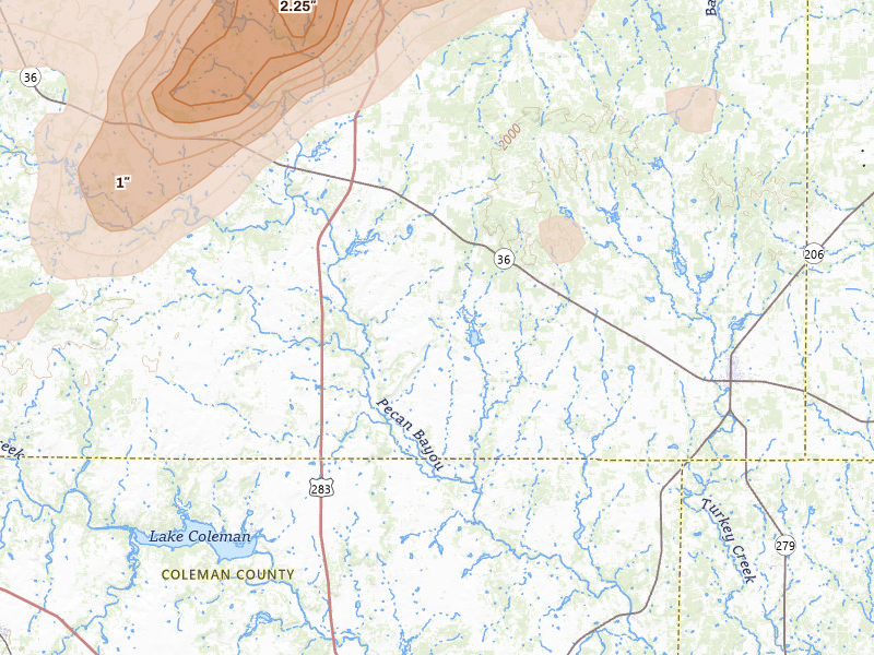 Radar-estimated hail-size map of the storm over Baird, TX on Mar 10, 2026
