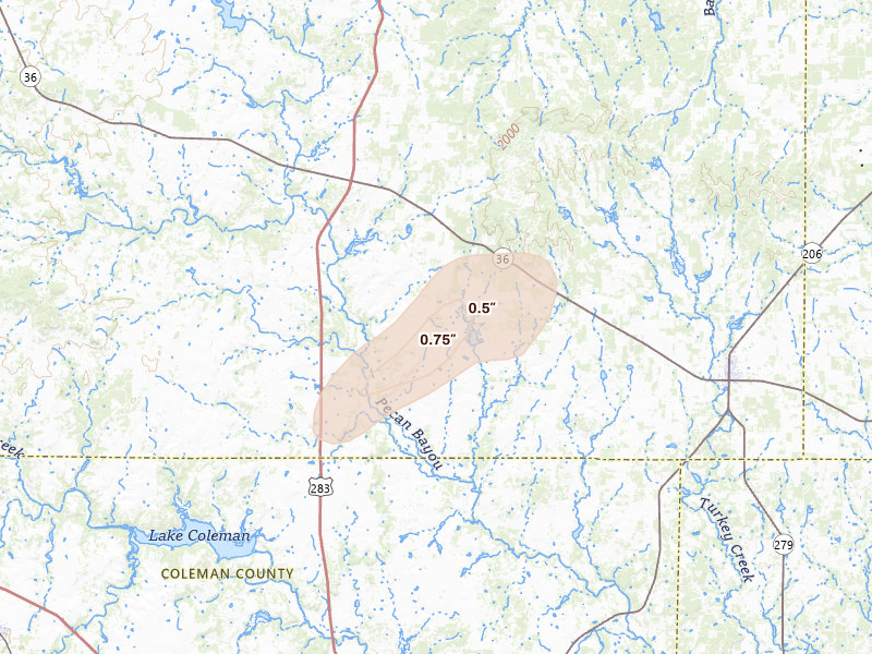 Radar-estimated hail-size map of the storm over Baird, TX on Apr 17, 2026