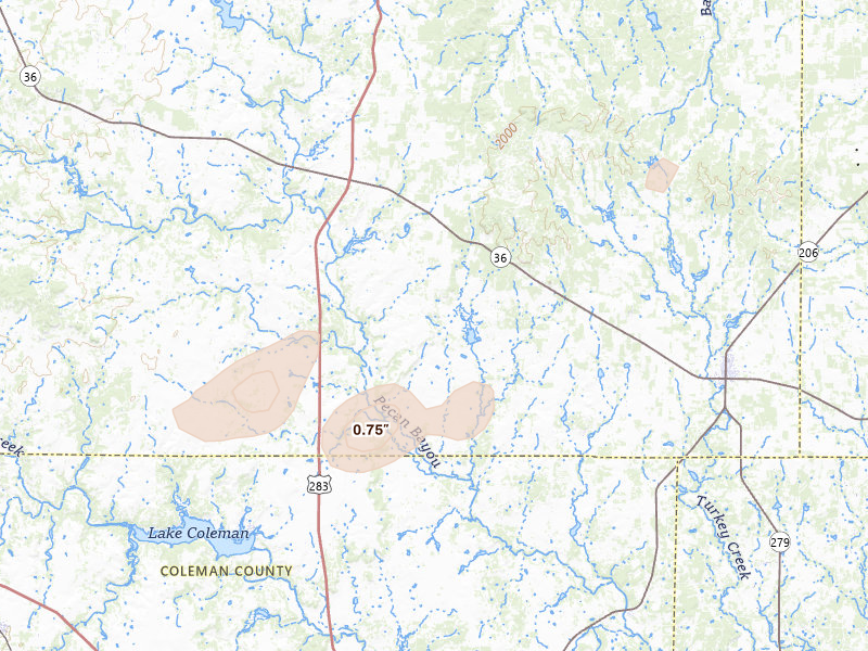 Radar-estimated hail-size map of the storm over Baird, TX on May 25, 2026