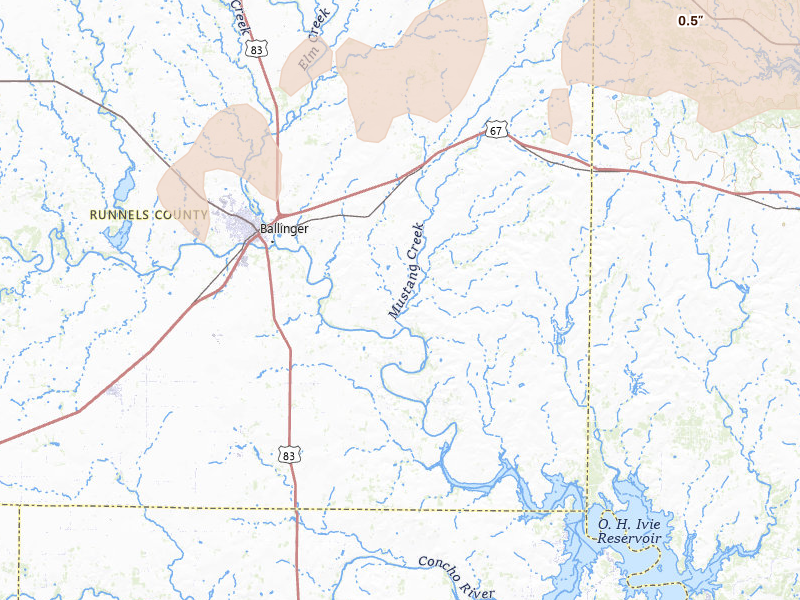 Radar-estimated hail-size map of the storm over Ballinger, TX on Mar 7, 2026