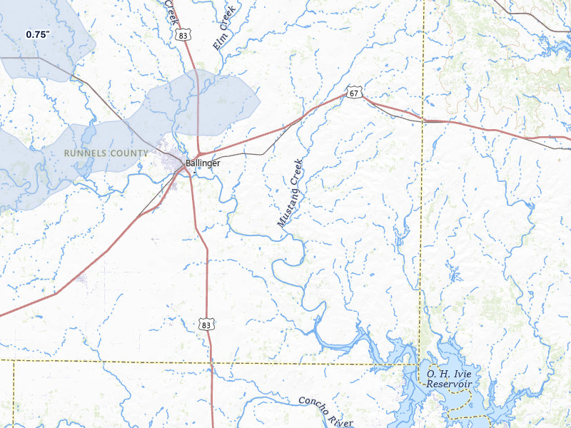 NEXRAD radar-signature map of the hail storm over Ballinger, TX on Apr 1, 2026