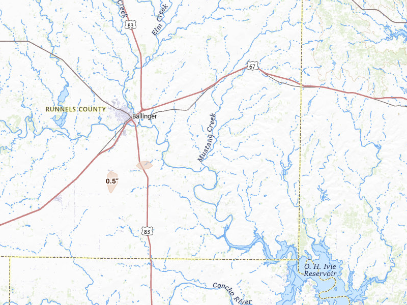 Radar-estimated hail-size map of the storm over Ballinger, TX on Apr 29, 2026