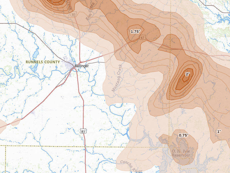 Radar-estimated hail-size map of the storm over Ballinger, TX on May 10, 2026