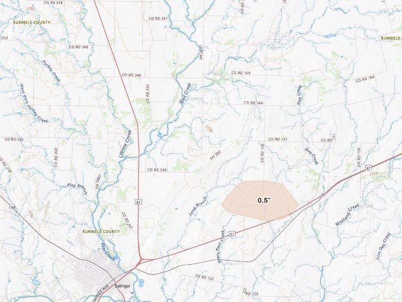 Radar-estimated hail-size map of the storm over Ballinger, TX