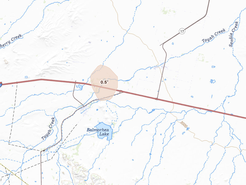 Radar-estimated hail-size map of the storm over Balmorhea, TX on Aug 13, 2026