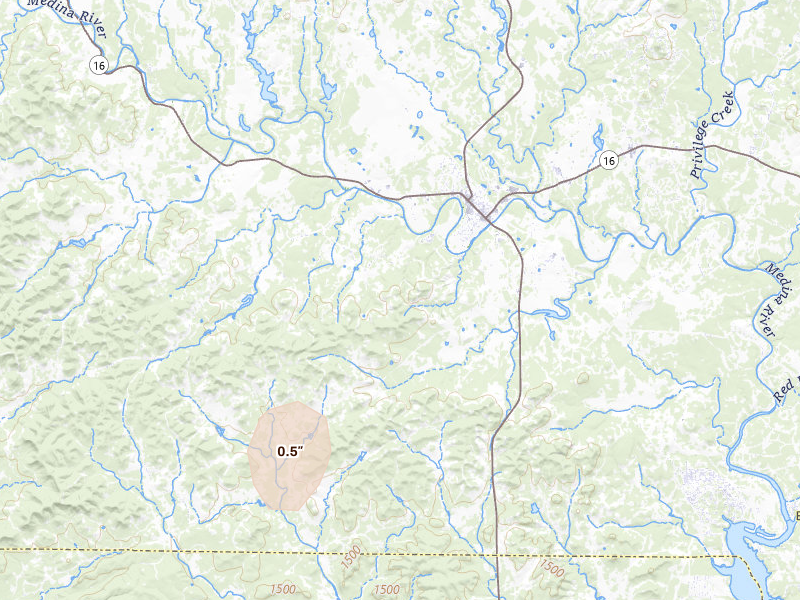 Radar-estimated hail-size map of the storm over Bandera, TX on May 10, 2026