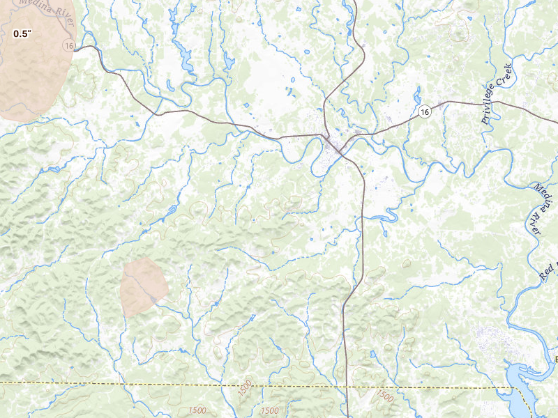 Radar-estimated hail-size map of the storm over Bandera, TX on May 19, 2026