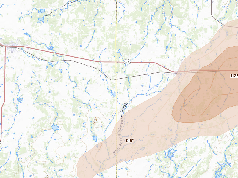 Radar-estimated hail-size map of the storm over Bangs, TX on Apr 15, 2026