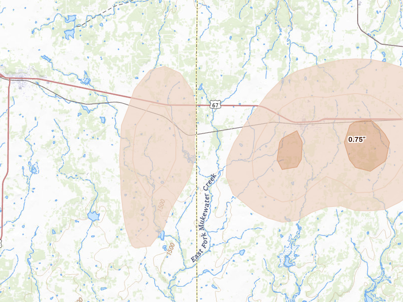 Radar-estimated hail-size map of the storm over Bangs, TX on May 19, 2026