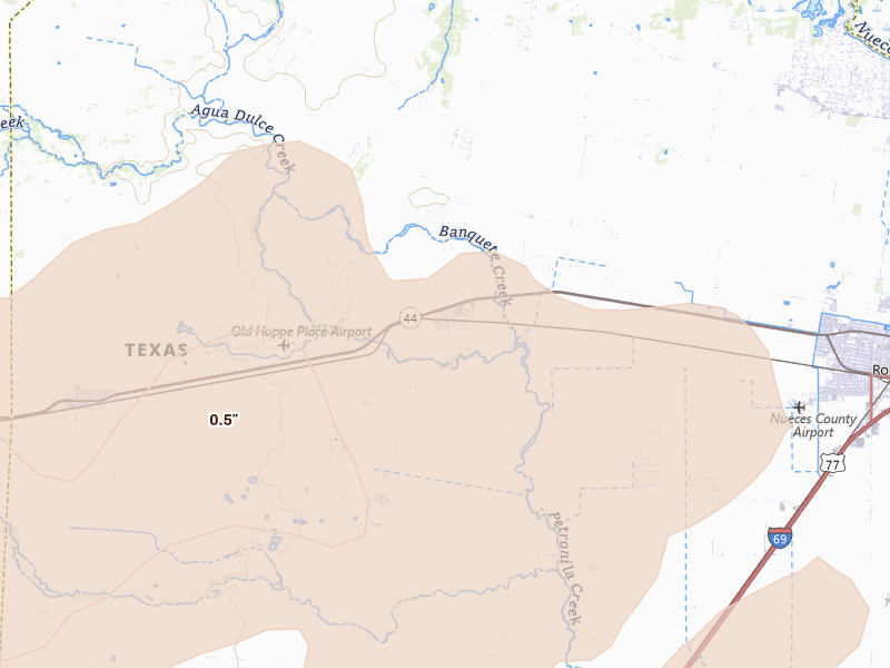 Radar-estimated hail-size map of the storm over Banquete, TX on May 26, 2026