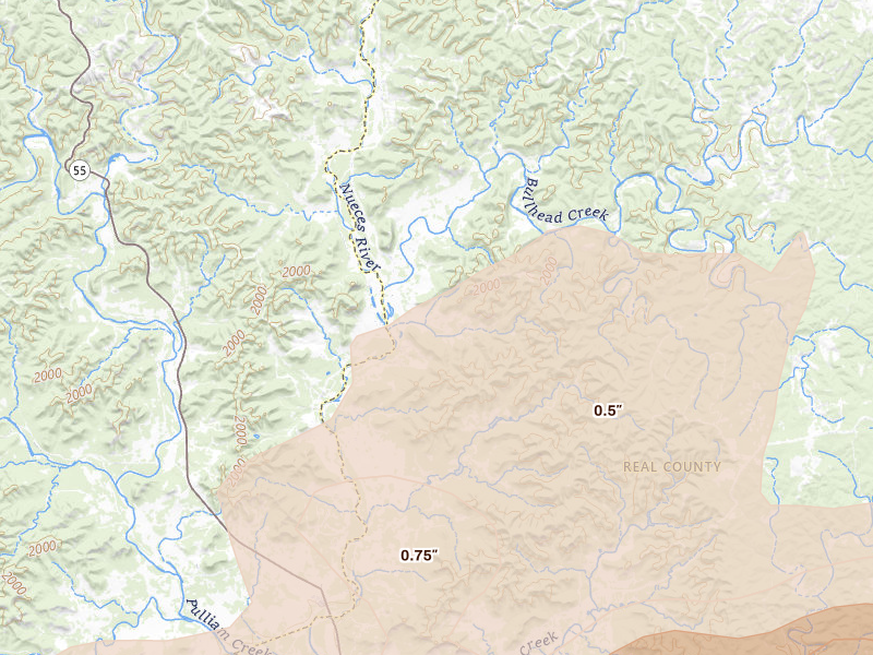 Radar-estimated hail-size map of the storm over Barksdale, TX on Mar 10, 2026