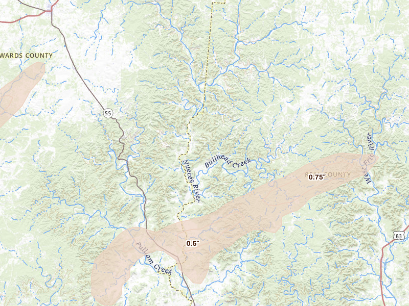 Radar-estimated hail-size map of the storm over Barksdale, TX on May 7, 2026
