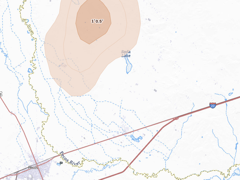 Radar-estimated hail-size map of the storm over Barstow, TX on Jun 30, 2026