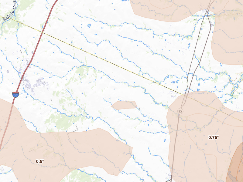Radar-estimated hail-size map of the storm over Bartlett, TX on May 10, 2026