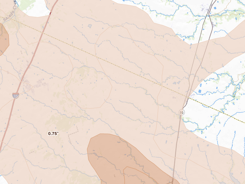 Radar-estimated hail-size map of the storm over Bartlett, TX on May 19, 2026