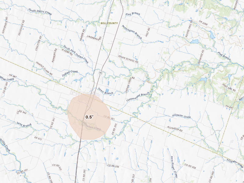 Radar-estimated hail-size map of the storm over Bartlett, TX