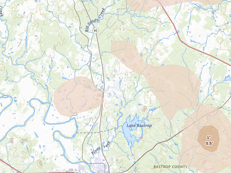 Radar-estimated hail-size map of the storm over Bastrop, TX on Aug 28, 2026