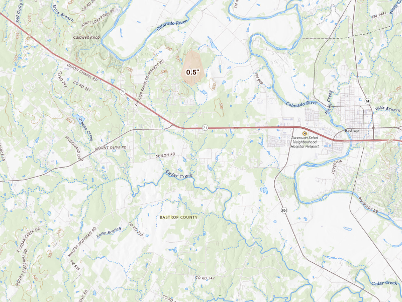 Radar-estimated hail-size map of the storm over Bastrop, TX