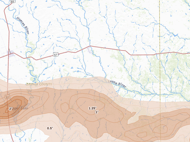Radar-estimated hail-size map of the storm over Batesville, TX on Apr 30, 2026