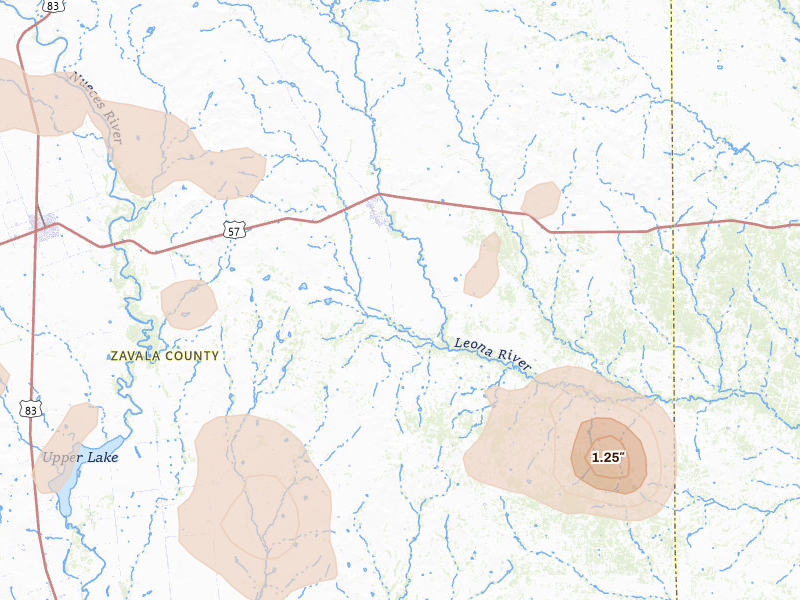 Radar-estimated hail-size map of the storm over Batesville, TX on May 10, 2026