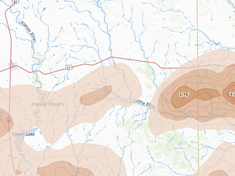 Radar-estimated hail-size map of the storm over Batesville, TX on May 26, 2026