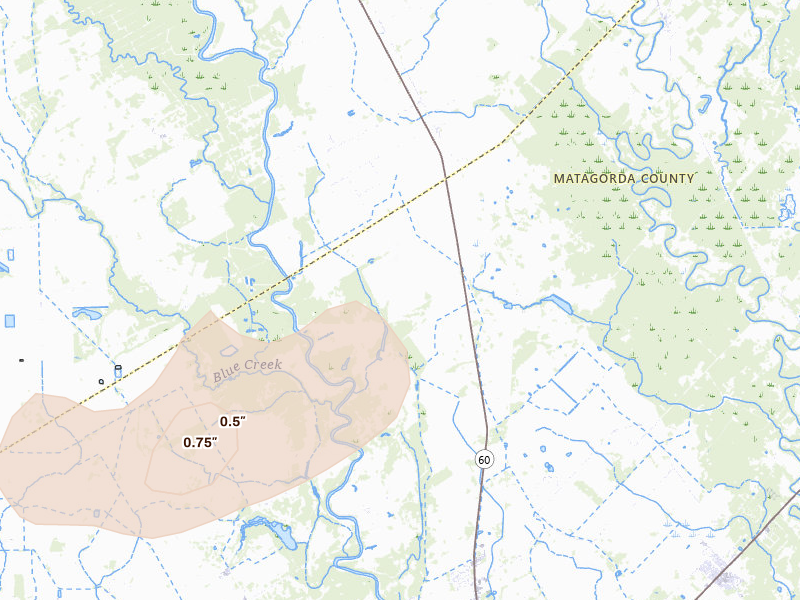 Radar-estimated hail-size map of the storm over Bay City, TX on Jan 23, 2026