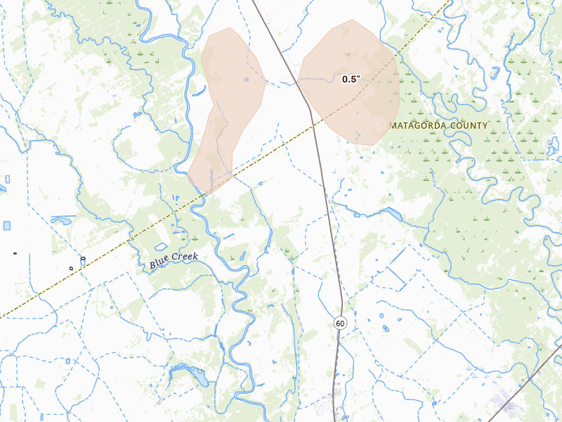 Radar-estimated hail-size map of the storm over Bay City, TX on May 22, 2026
