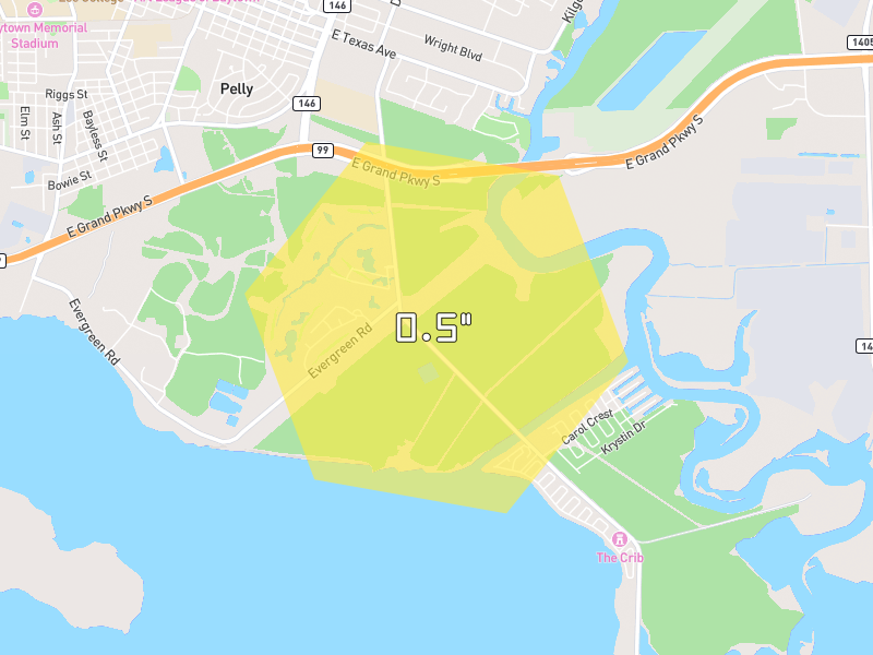 Hail map of Baytown, TX on Jun 6, 2026, hail up to 0.5"