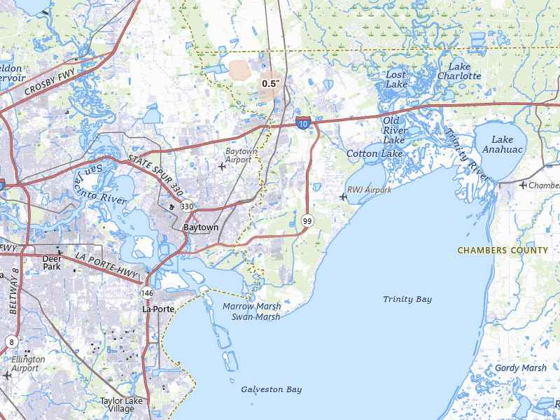 Radar-estimated hail-size map of the storm over Baytown, TX on Jul 6, 2026