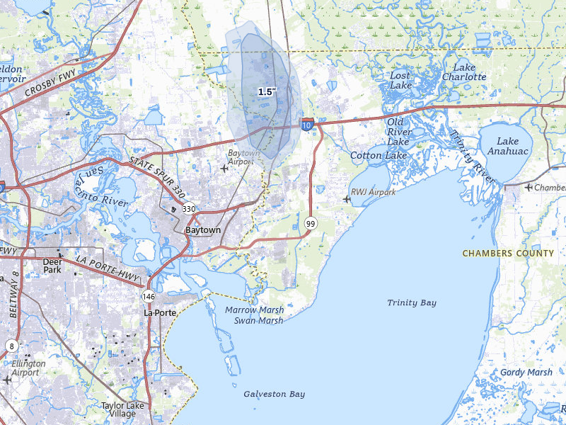 NEXRAD radar-signature map of the hail over Baytown, TX