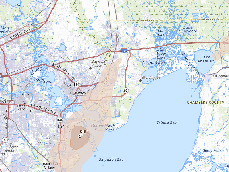 Radar-estimated hail-size map of the storm over Baytown, TX on Jul 22, 2026