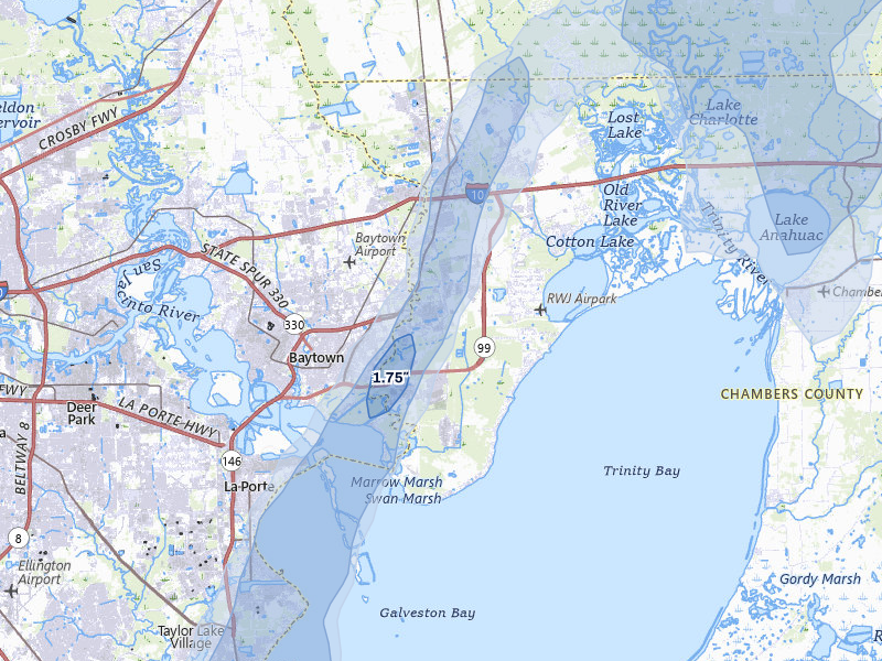NEXRAD radar-signature map of the hail over Baytown, TX