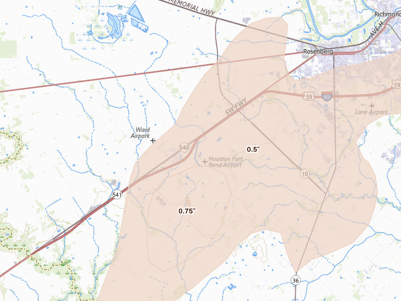 Radar-estimated hail-size map of the storm over Beasley, TX on May 22, 2026