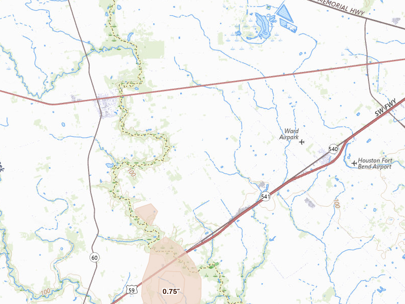 Radar-estimated hail-size map of the storm over Beasley, TX on Aug 28, 2026