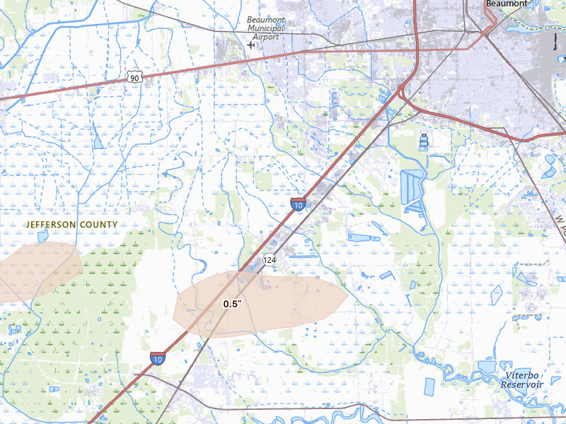 Radar-estimated hail-size map of the storm over Beaumont, TX on Mar 7, 2026