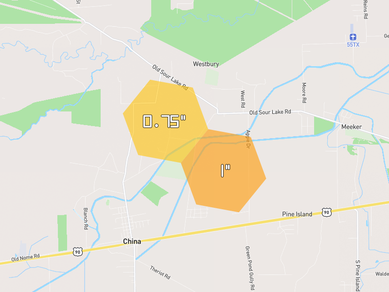 Hail map of Beaumont, TX on Jun 3, 2026, hail up to 1"