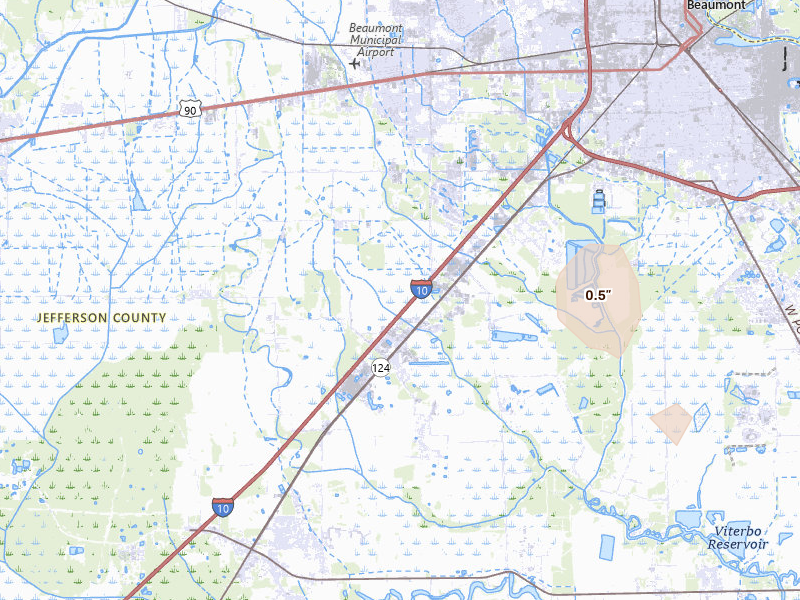 Radar-estimated hail-size map of the storm over Beaumont, TX on Jul 7, 2026