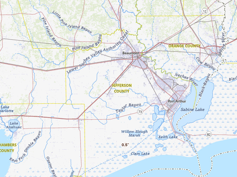 Radar-estimated hail-size map of the storm over Beaumont, TX on Jul 8, 2026