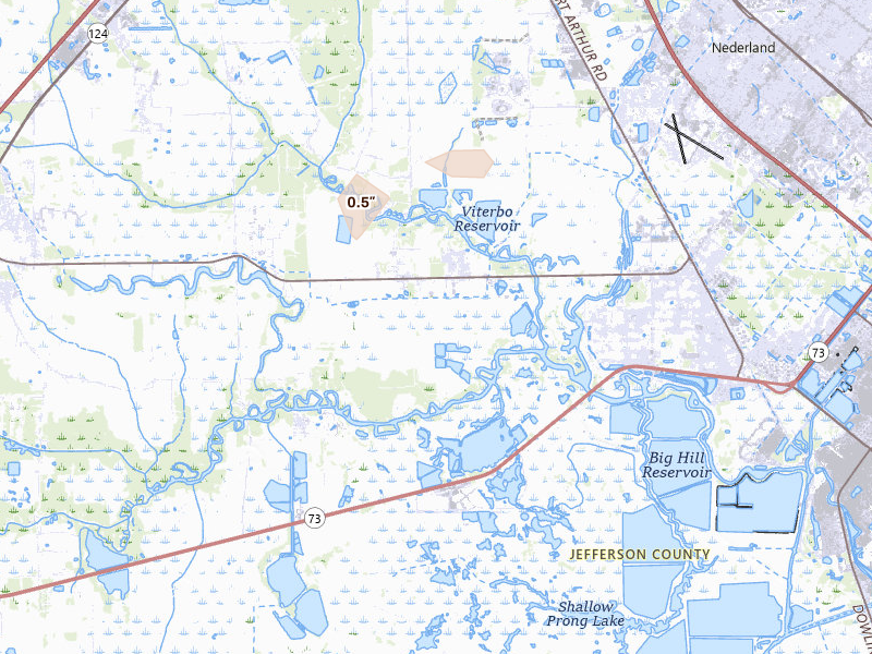 Radar-estimated hail-size map of the storm over Beaumont, TX on Aug 8, 2026