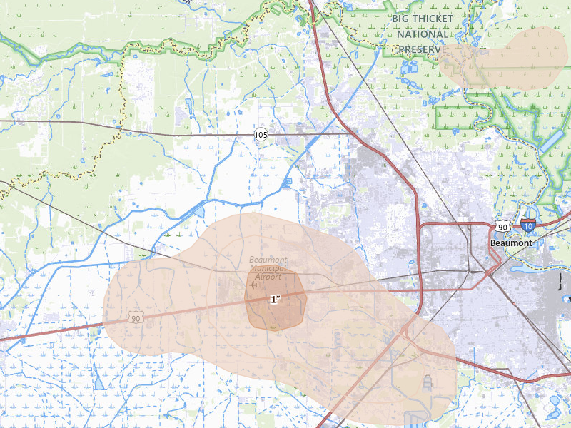 Radar-estimated hail-size map of the storm over Beaumont, TX on Aug 27, 2026