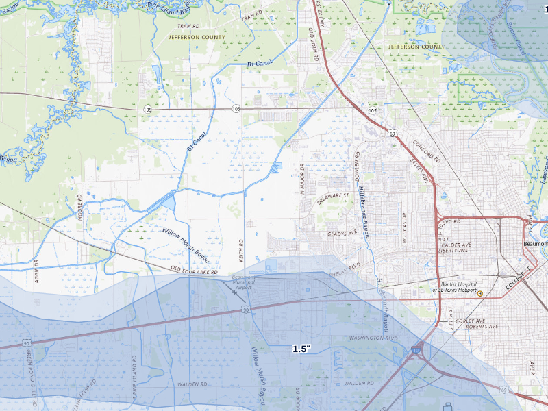 NEXRAD radar-signature map of the hail storm over Beaumont, TX on Aug 27, 2026