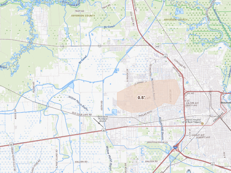 Radar-estimated hail-size map of the storm over Beaumont, TX