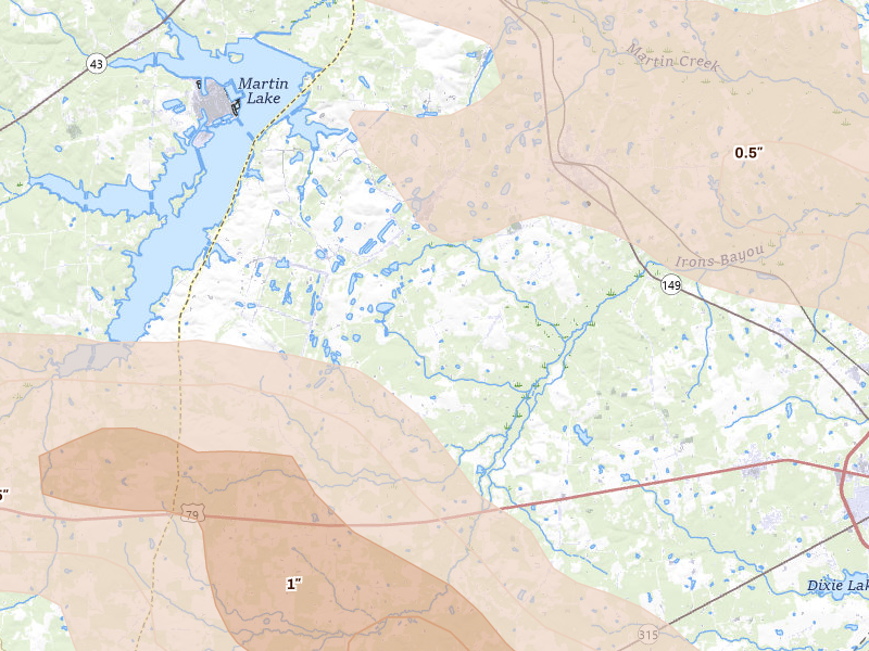 Radar-estimated hail-size map of the storm over Beckville, TX on Apr 24, 2026