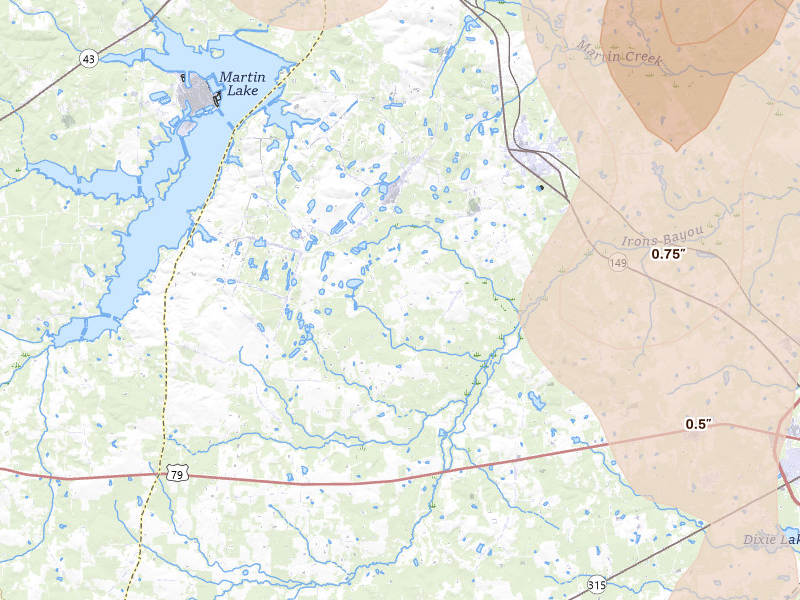 Radar-estimated hail-size map of the storm over Beckville, TX on Jul 6, 2026