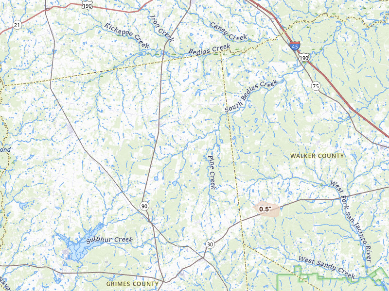 Radar-estimated hail-size map of the storm over Bedias, TX on Mar 15, 2026