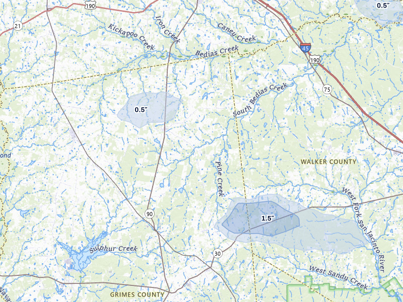 NEXRAD radar-signature map of the hail over Bedias, TX