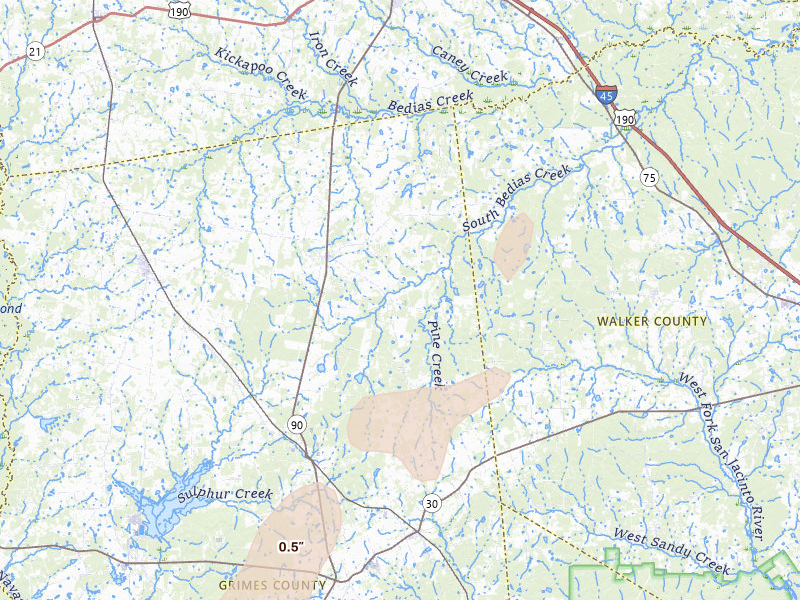 Radar-estimated hail-size map of the storm over Bedias, TX on Apr 22, 2026